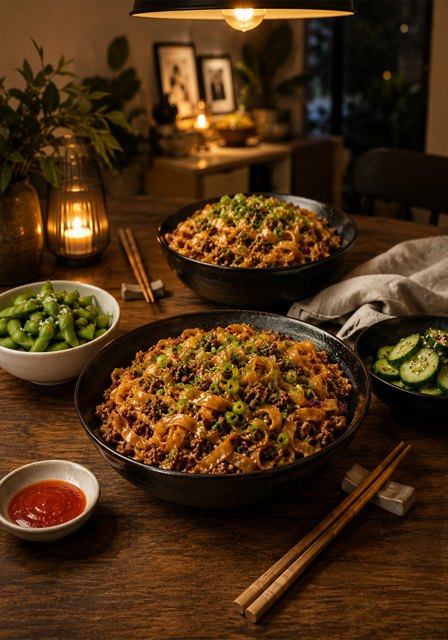 Potsticker noodle bowl dinner spread with edamame cucumber salad and sriracha on cozy table setting