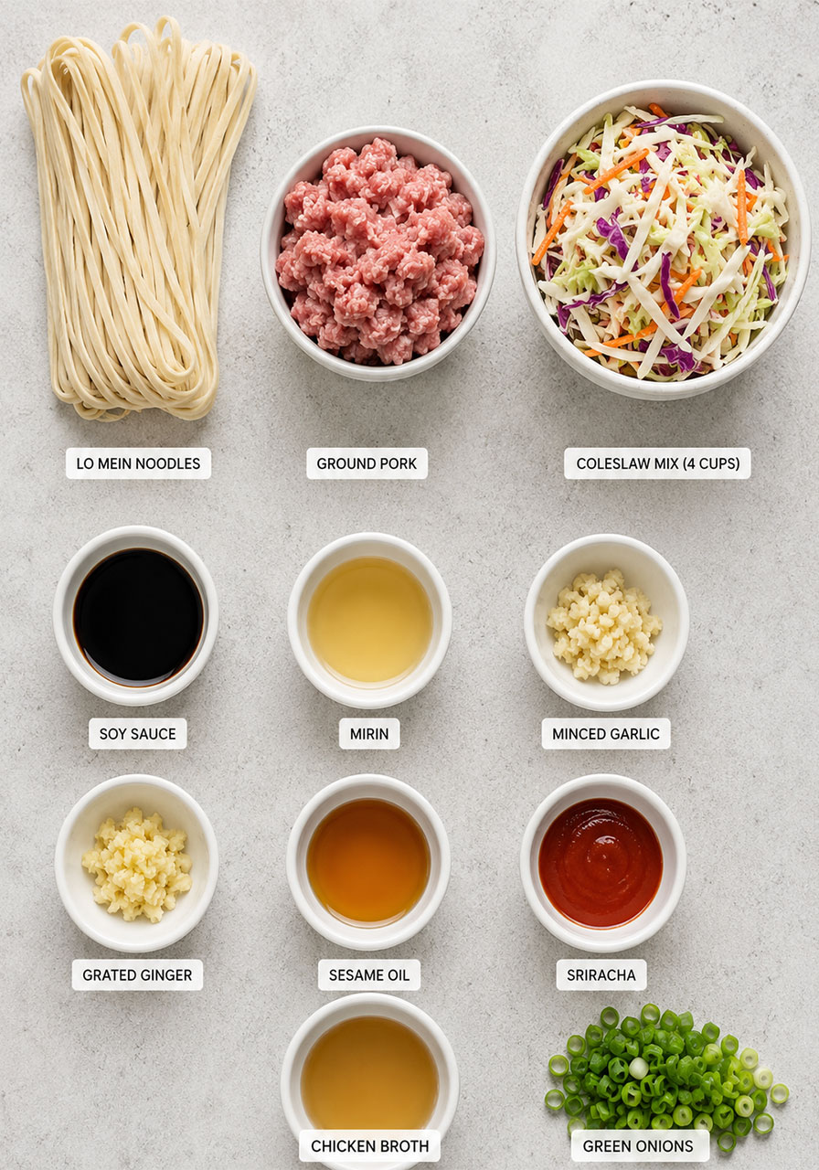 All ingredients for potsticker noodle bowl with pork and cabbage slaw arranged in prep bowls overhead flat lay