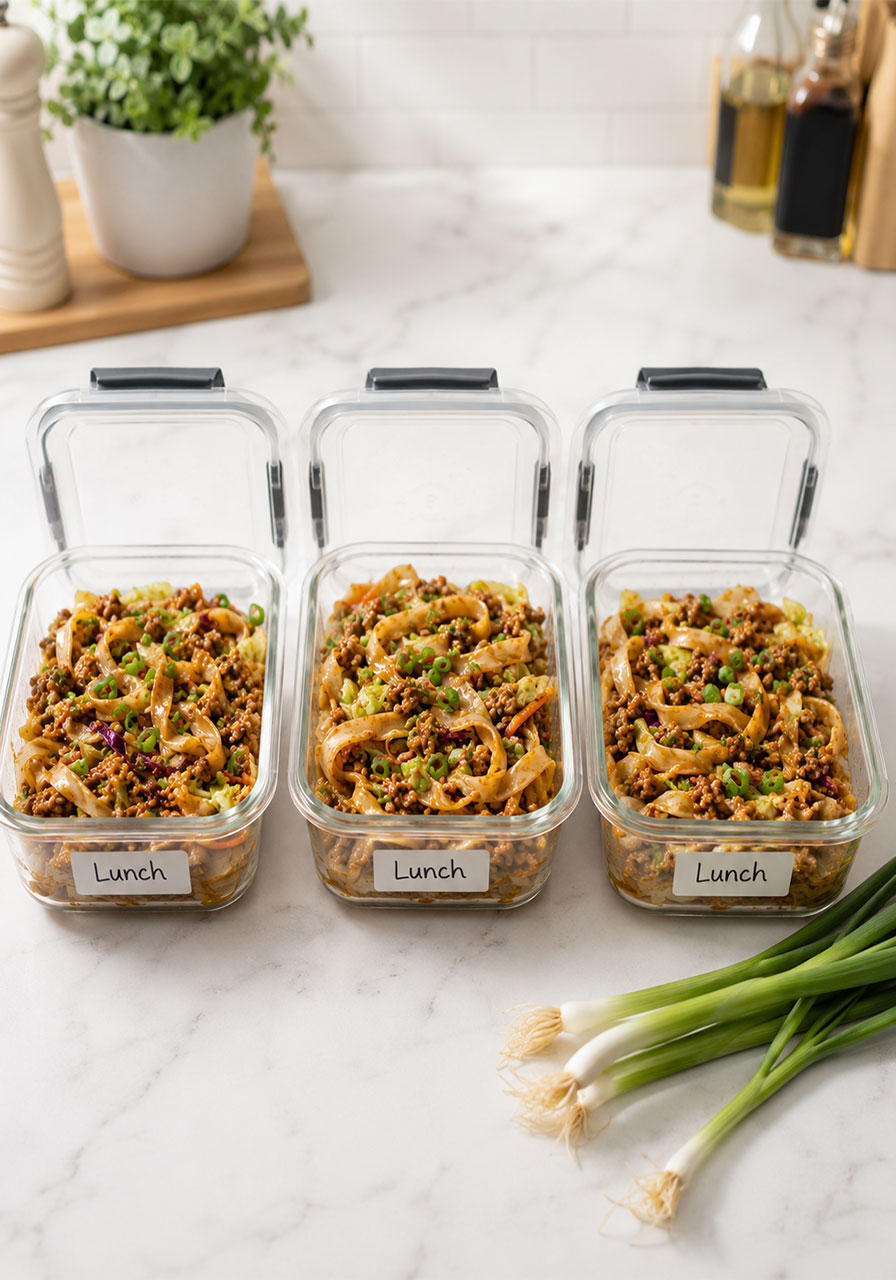 Potsticker noodle bowl with pork and cabbage slaw portioned into meal prep containers for weekly lunches