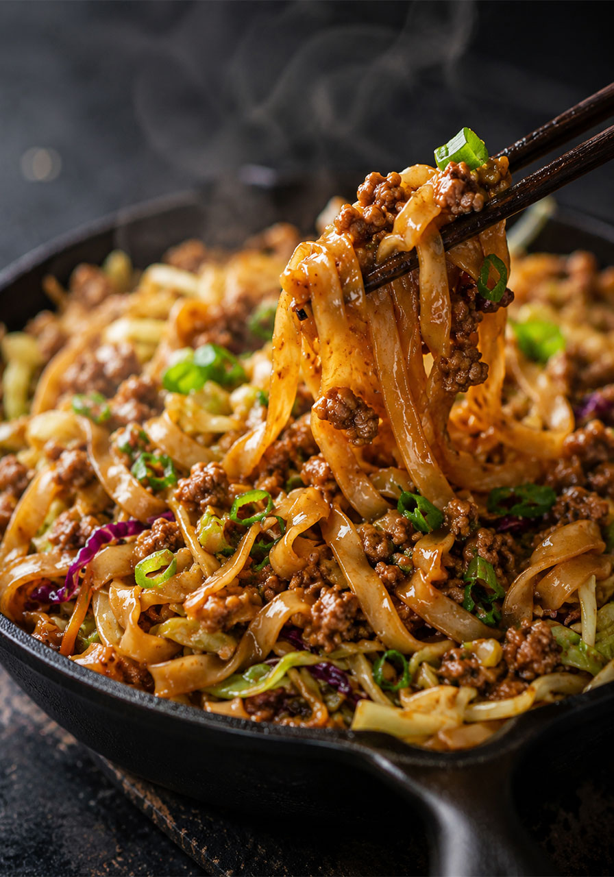 Potsticker noodle bowl with pork and cabbage slaw lifted with chopsticks showing glossy soy ginger sauce