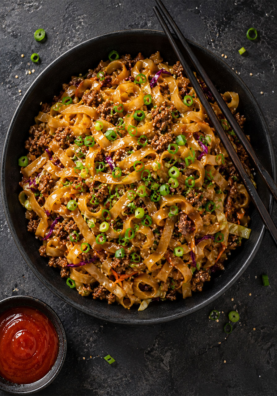 Finished potsticker noodle bowl with pork and cabbage slaw served in black bowl with scallion garnish overhead view