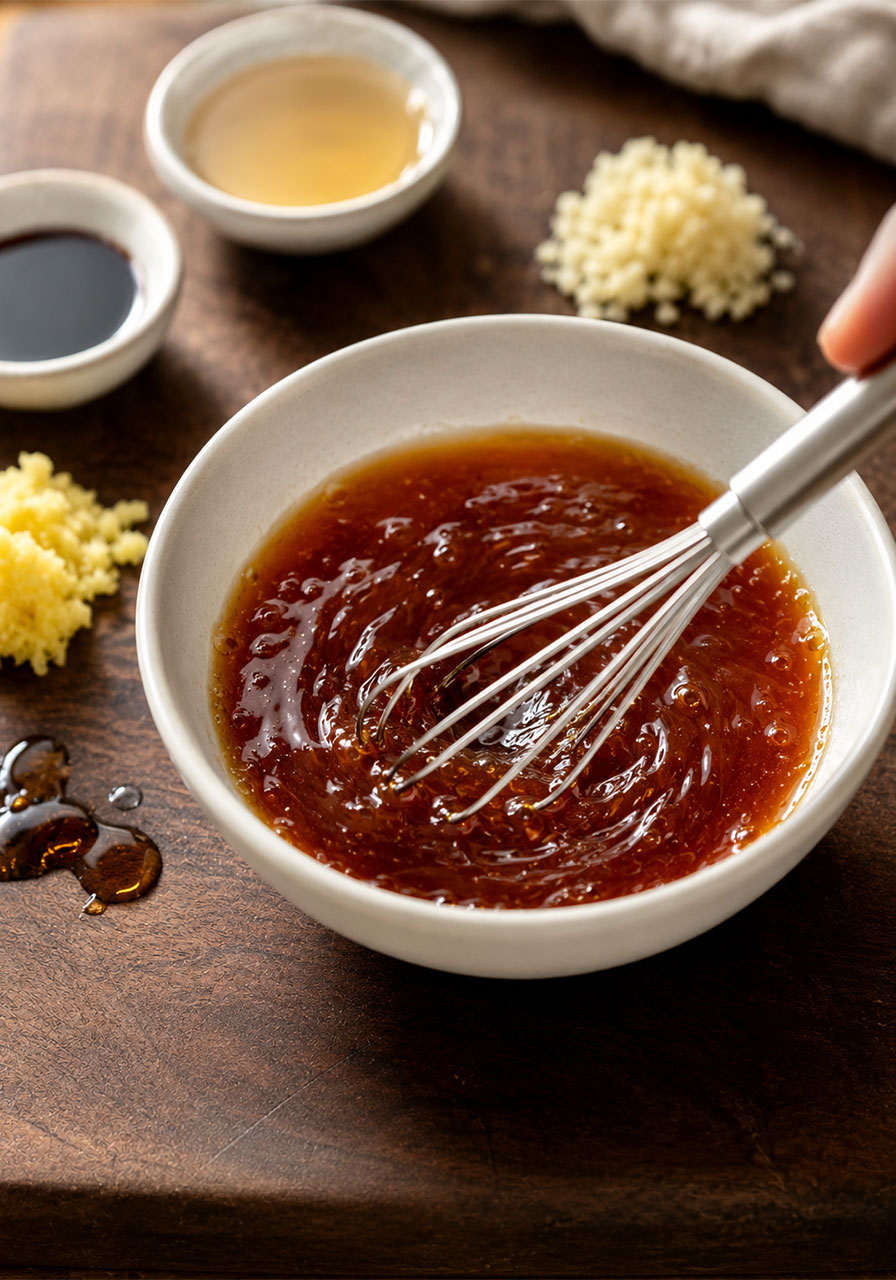 Potsticker noodle bowl sauce being whisked with dark soy sauce ginger garlic mirin and sesame oil