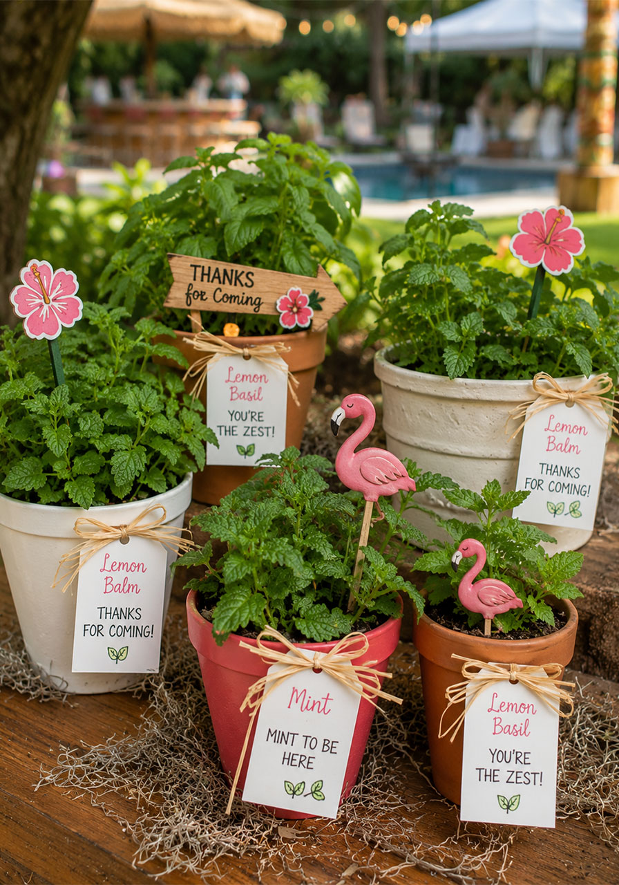 Potted herb plant party favors with flamingo stakes and raffia tags arranged as a Key West party favor display