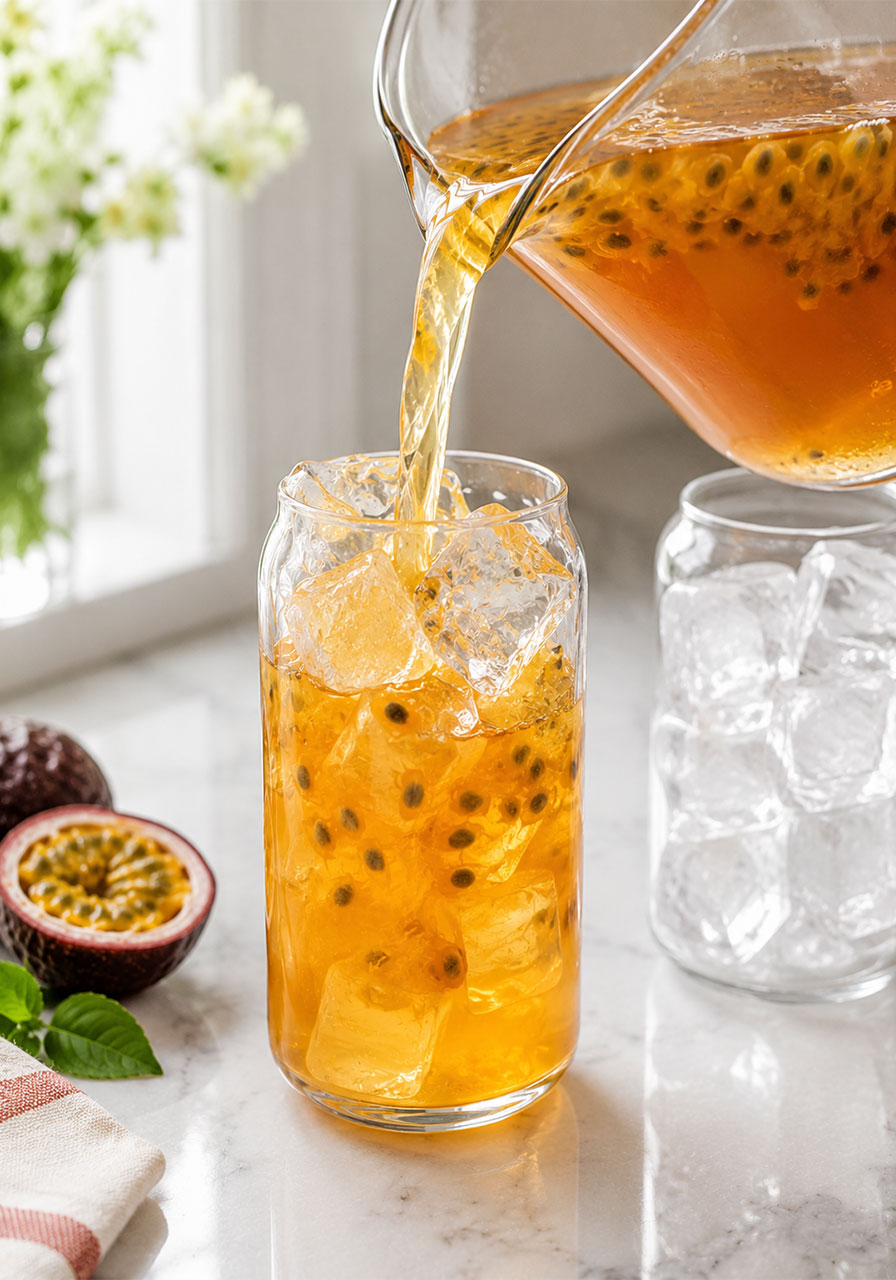 Pouring freshly made golden passion fruit iced tea over ice from a pitcher into a clear glass