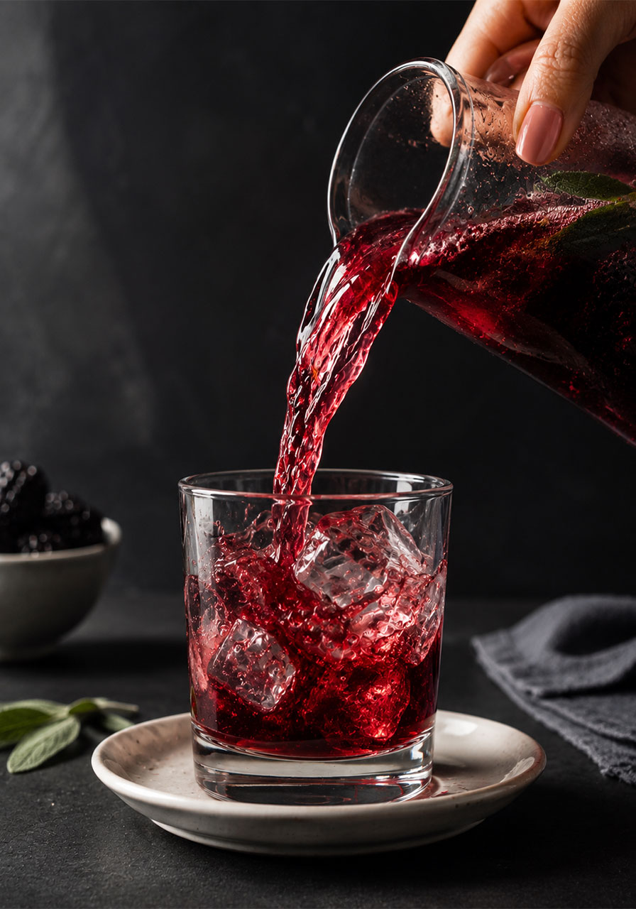 Pouring blackberry sage iced tea over ice in a glass