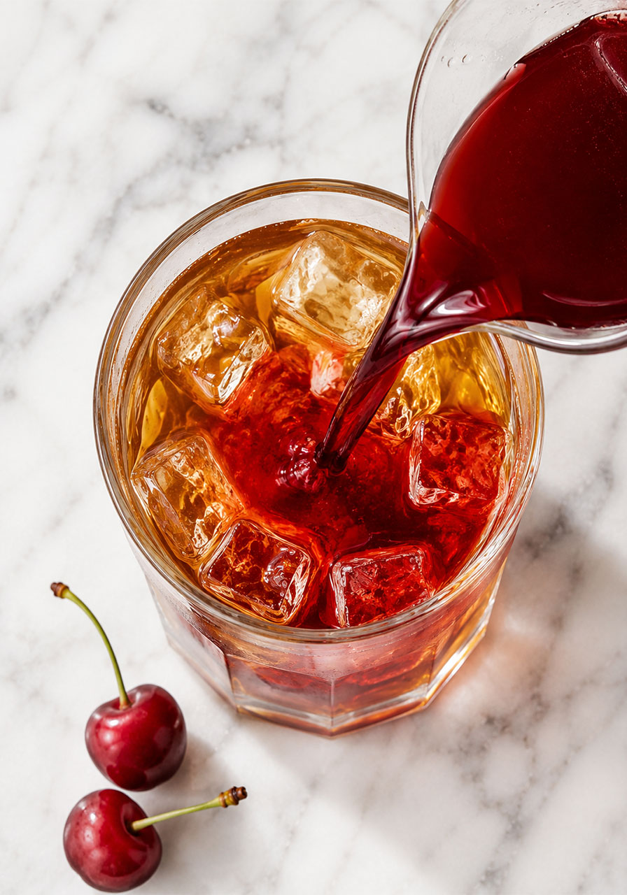 Pouring homemade cherry pie syrup into Gold Peak iced tea to make cherry pie iced tea