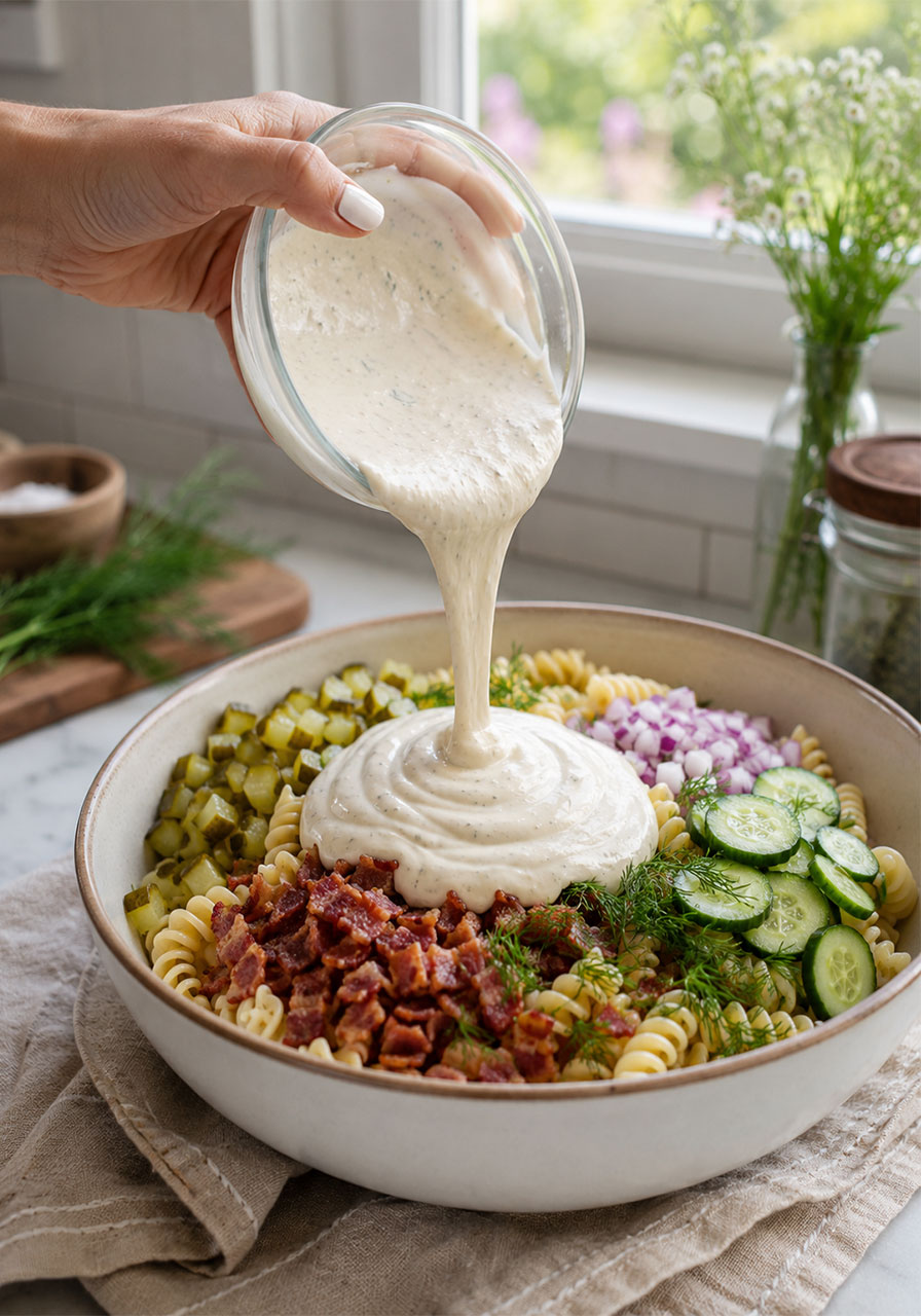Pouring thick creamy dressing over dill pickle bacon pasta salad ingredients in a large mixing bowl