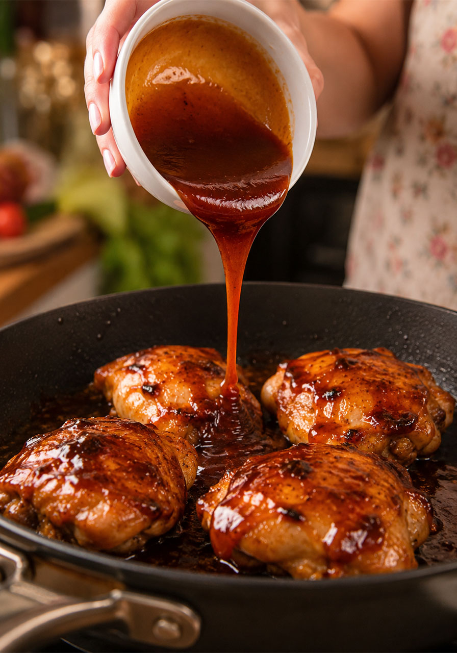 Pouring honey BBQ sauce over seared chicken in a skillet for a one-pan dinner recipe