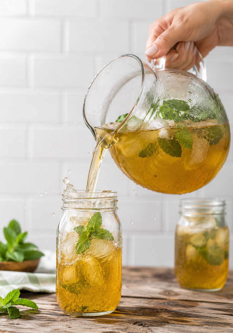 Pouring homemade honey mint green iced tea from a glass pitcher into a mason jar
