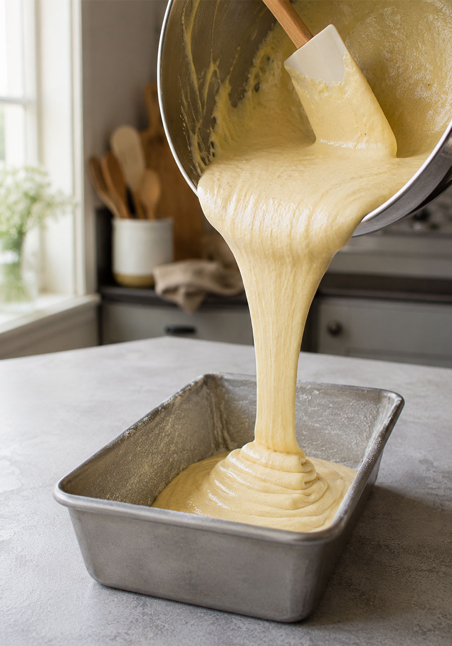 Pouring honey tea cake batter into a loaf pan before baking