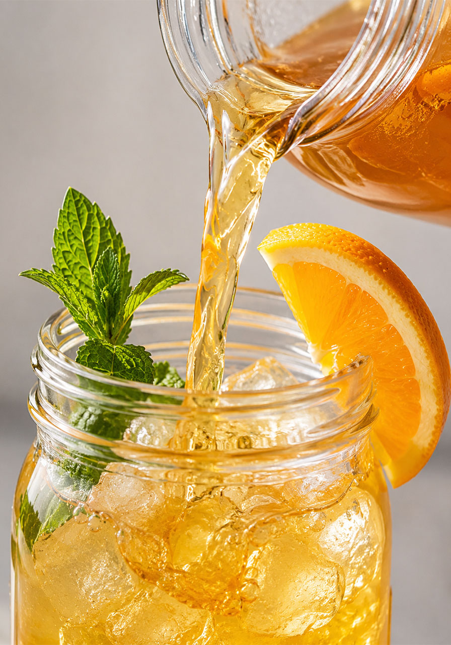 Pouring golden iced orange ginger green tea over ice in a mason jar with fresh mint and orange garnish