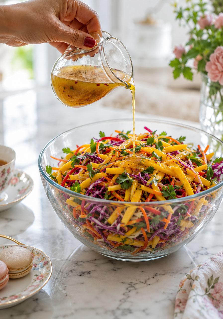 Pouring homemade lime and sesame dressing over a colorful mango slaw in a glass mixing bowl, showing the easy dressing step