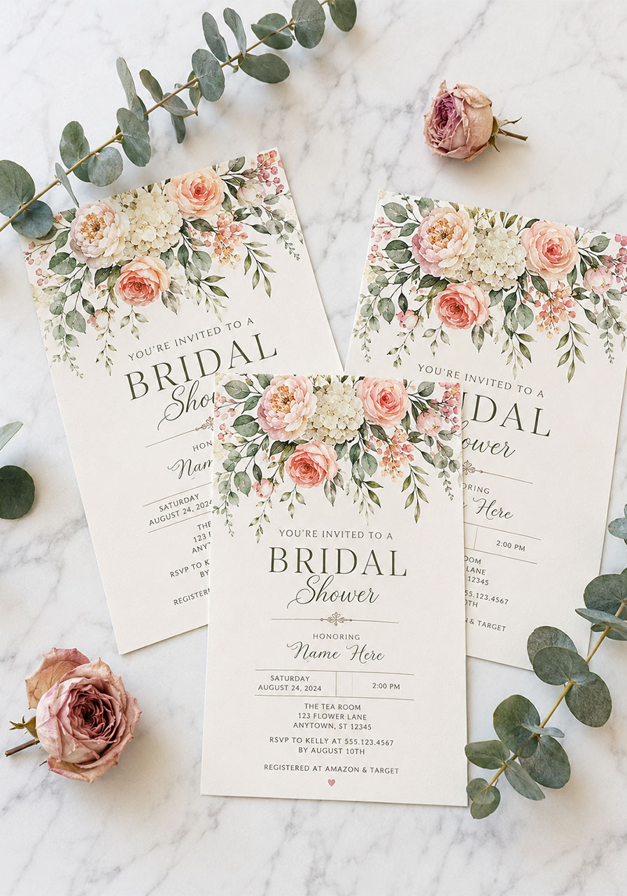 Pretty bridal shower invitations with watercolor floral design on white marble – elegant at-home bridal shower stationery idea