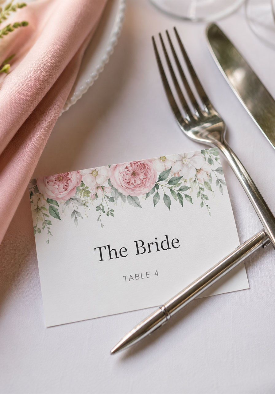 Floral personalized place card idea for a pretty pink and orange bridal shower table