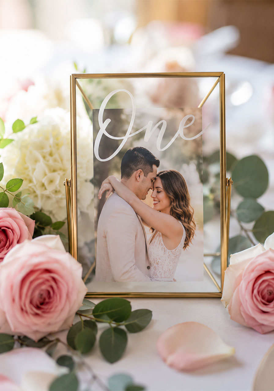 Gold frame engagement photo table number idea for a pink and orange bridal shower