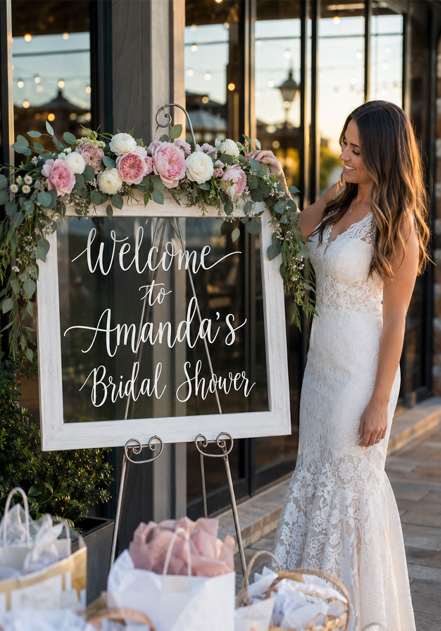 Floral bridal shower welcome sign with pink roses for a pretty pink and orange bridal shower entrance