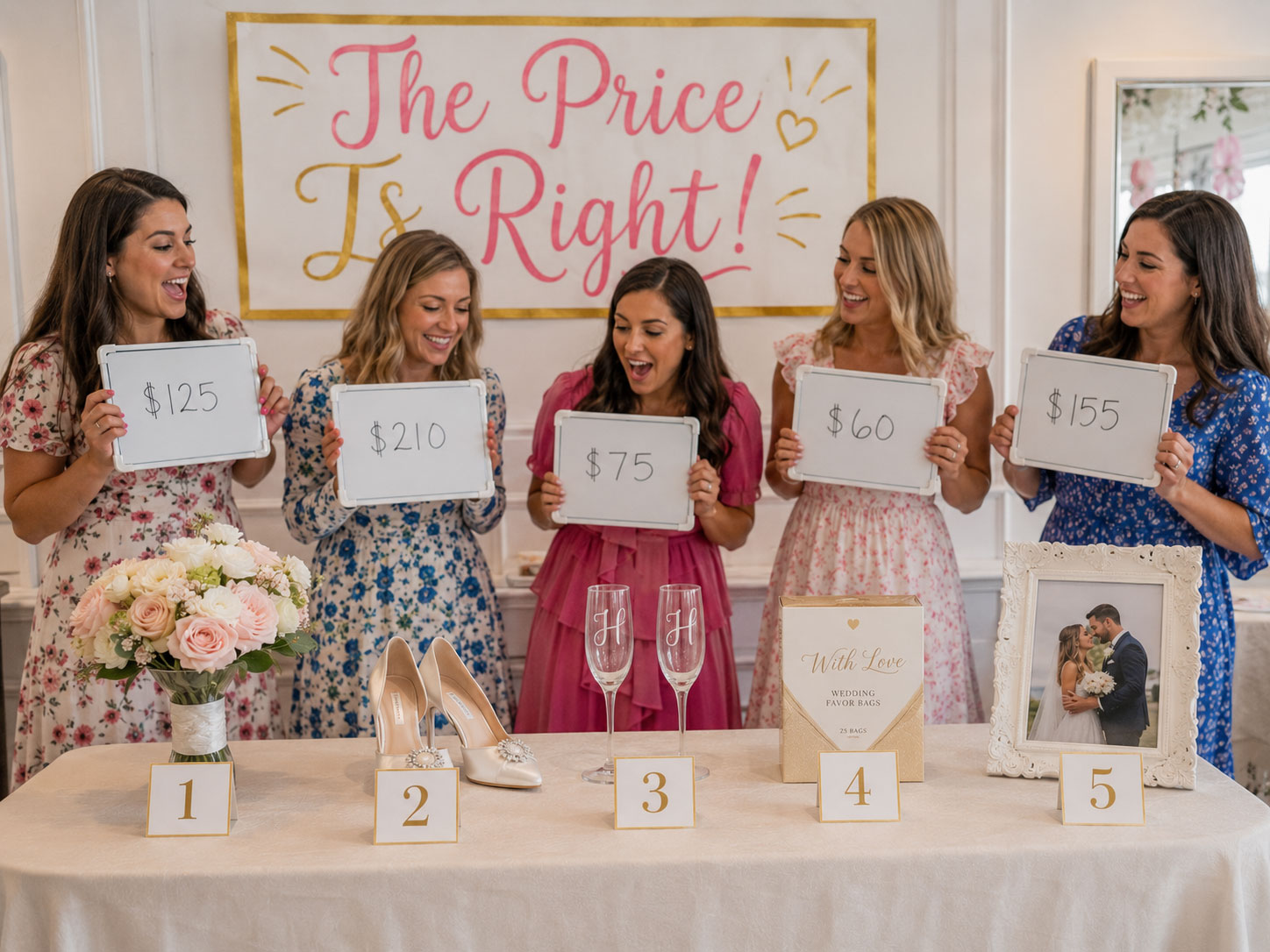 The Price Is Right bridal shower game setup with wedding items and guest guessing whiteboards – hilarious shower game idea