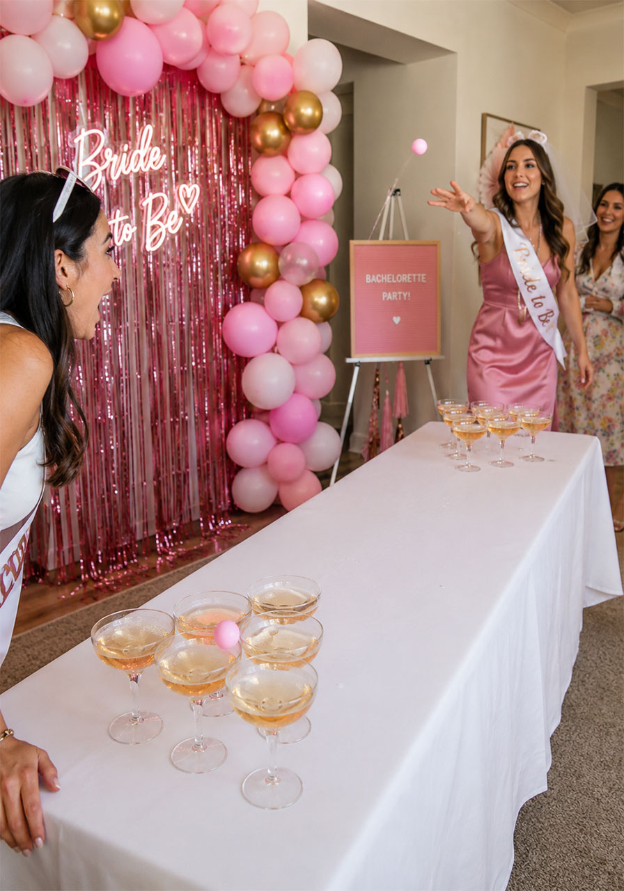 Women playing Prosecco Pong with champagne glasses at a bachelorette party