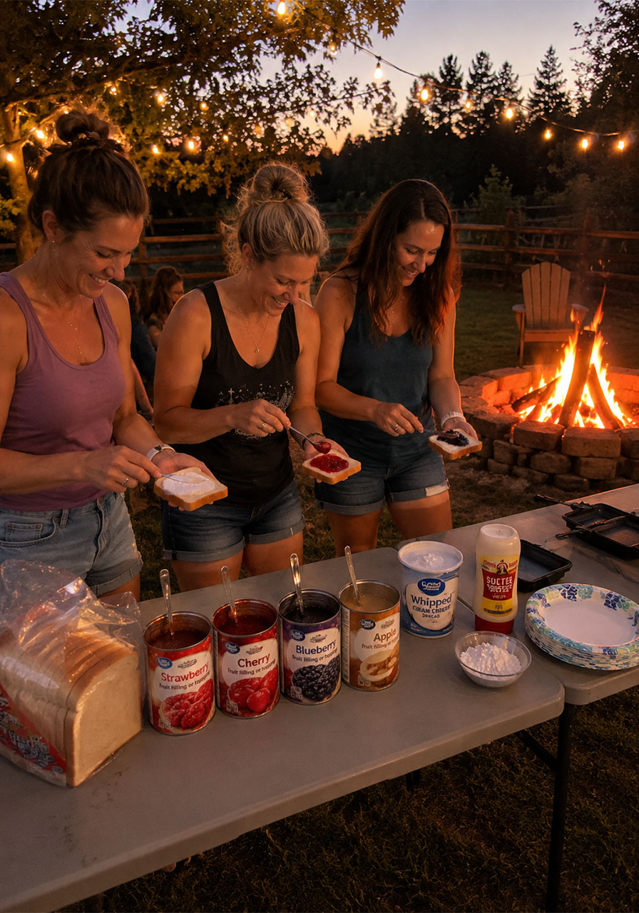 DIY pudgy pie bar setup at a backyard bonfire party with strawberry, cherry, and blueberry filling options