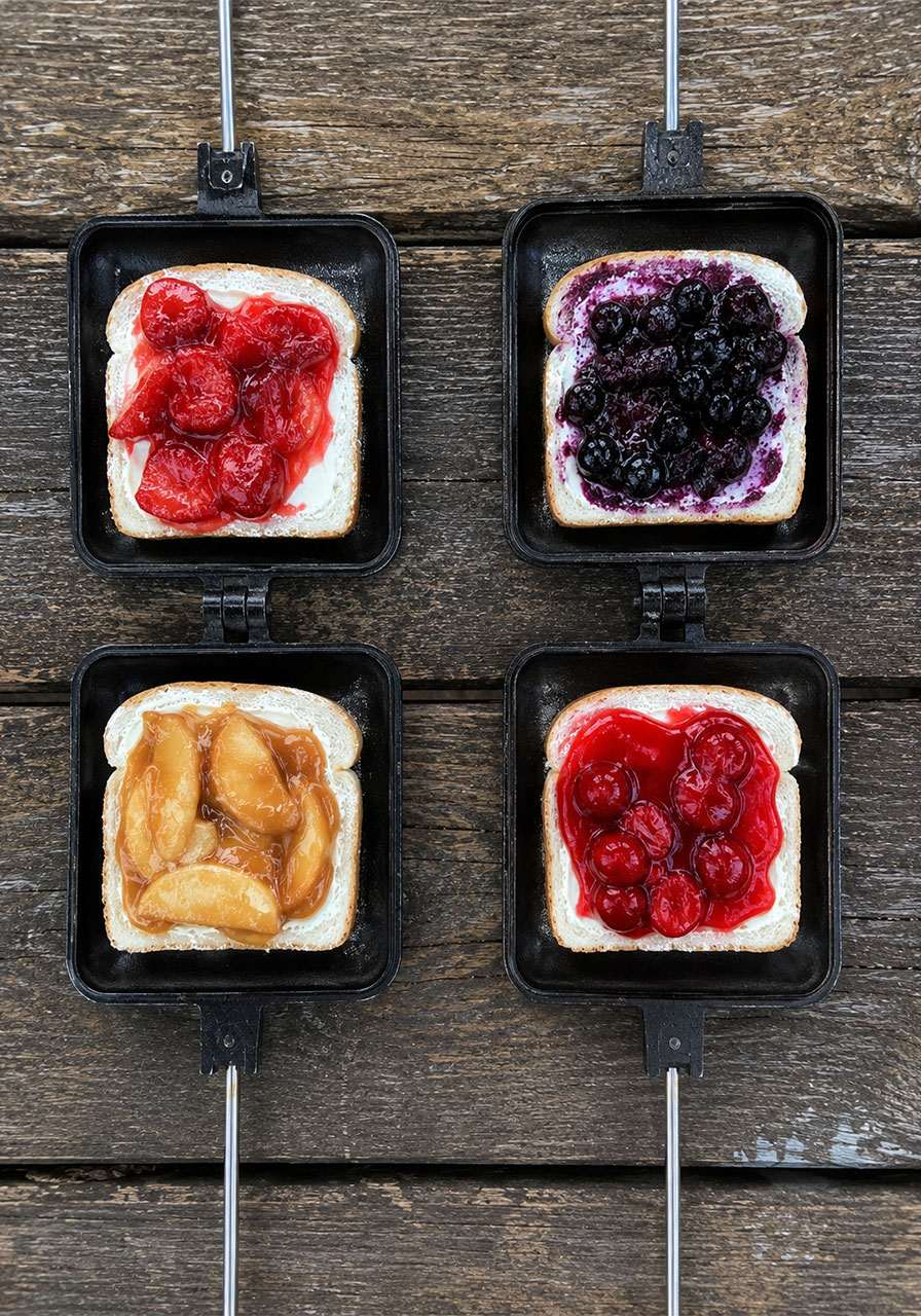 Four pudgy pie flavor variations in campfire pie irons: strawberry cheesecake, blueberry, caramel apple, and cherry