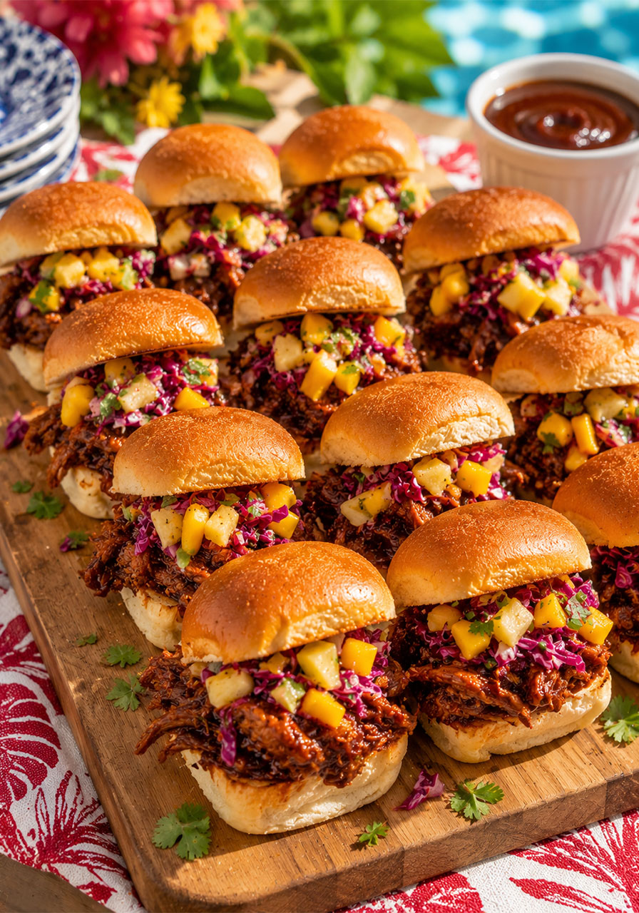 Chipotle pulled pork sliders with mango pineapple slaw on Hawaiian rolls – irresistible pool party finger food