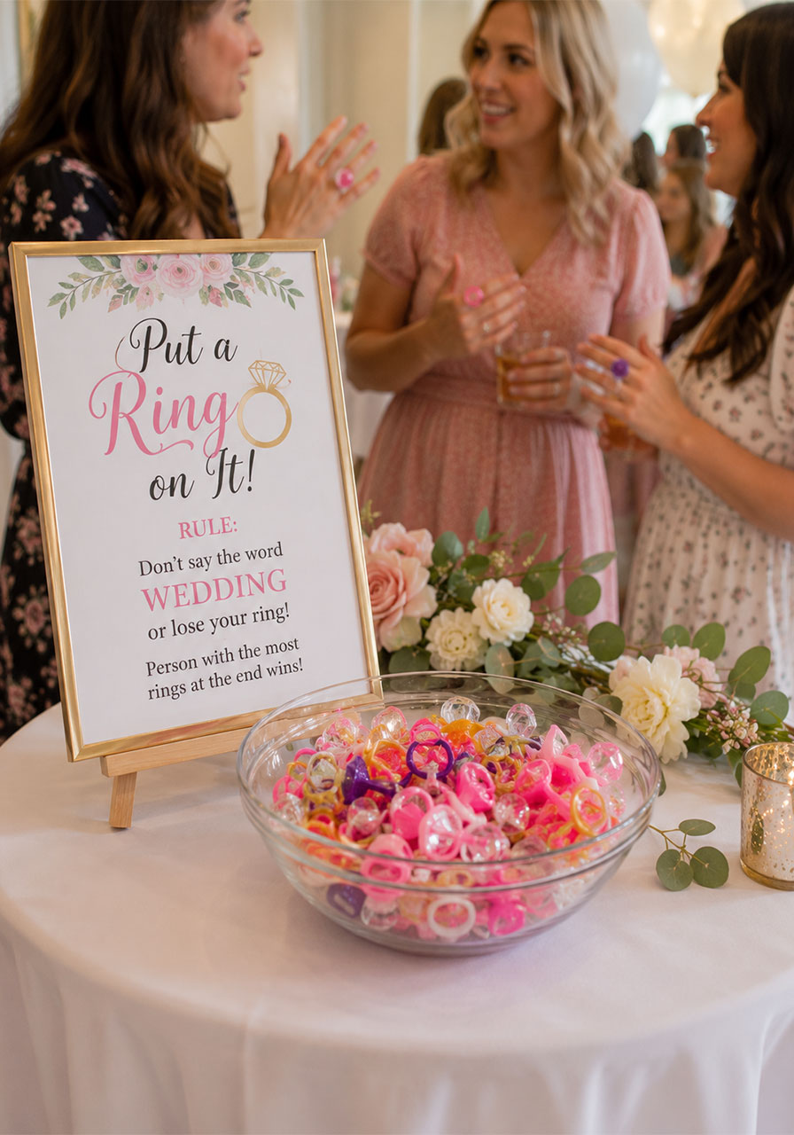 Put a ring on it bridal shower game station with plastic rings in glass bowl and game rules sign – easy shower game idea