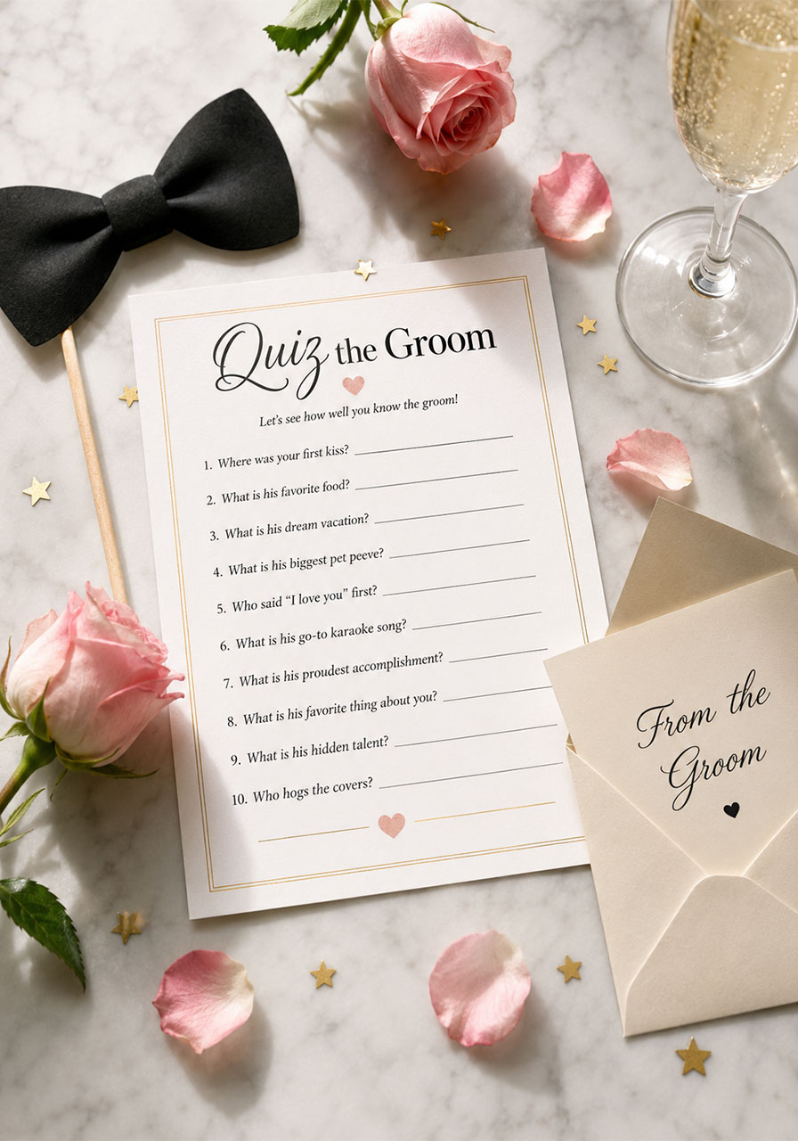 Quiz the Groom bachelorette party game card flat lay with bow tie prop, roses, and gold confetti on marble