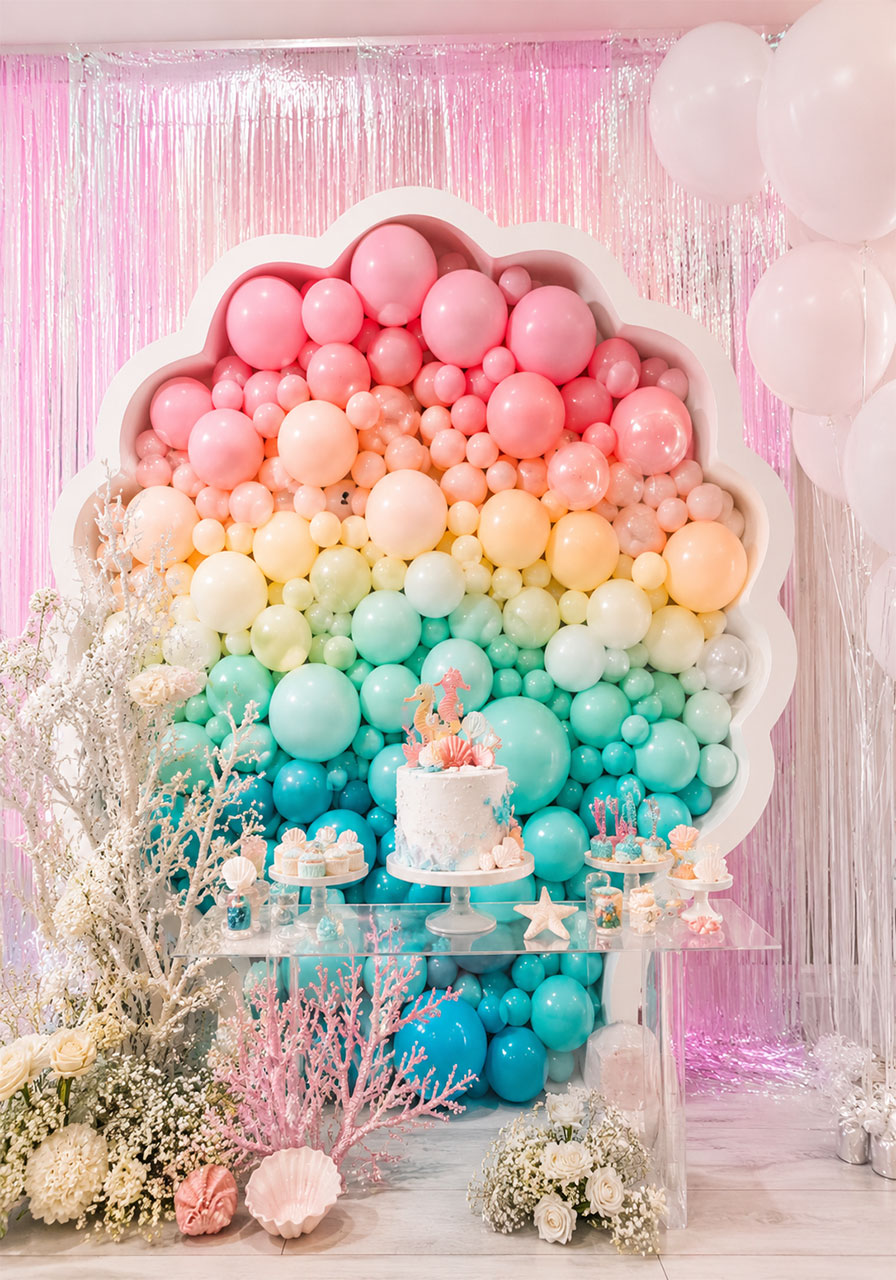Rainbow pastel balloon clam shell backdrop for an under the sea kids birthday party