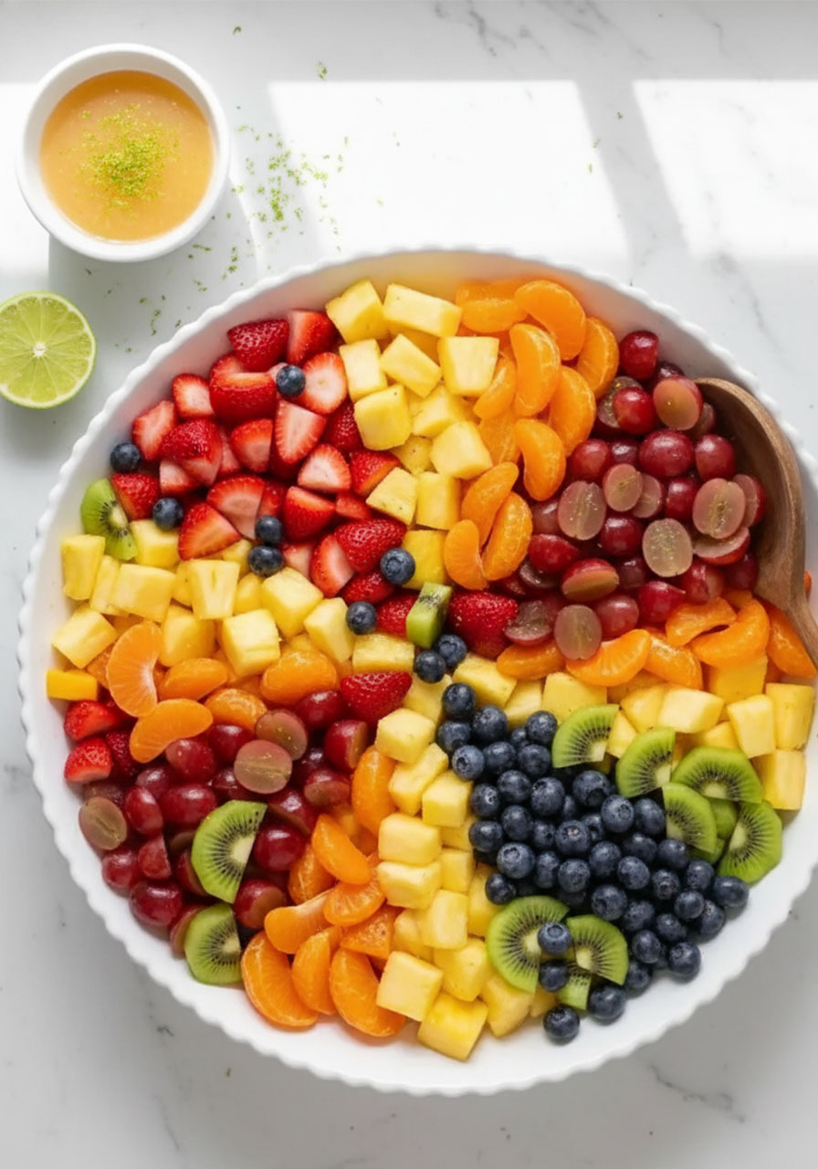 Rainbow fruit salad with honey lime dressing in a white bowl — healthy pool party food for kids and adults