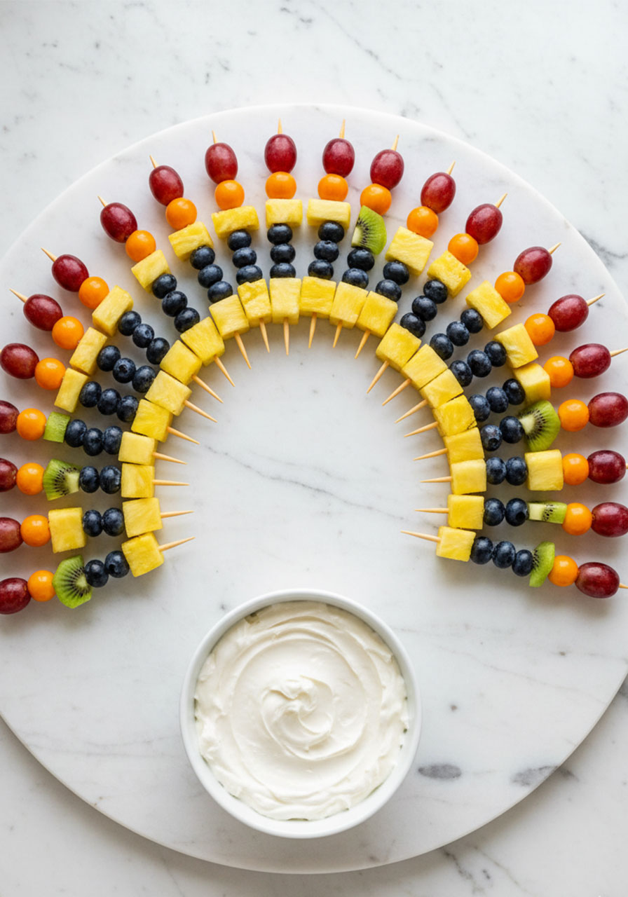Rainbow fruit skewers in a fan arrangement with cream cheese dip on a marble board — colorful healthy pool party food for kids