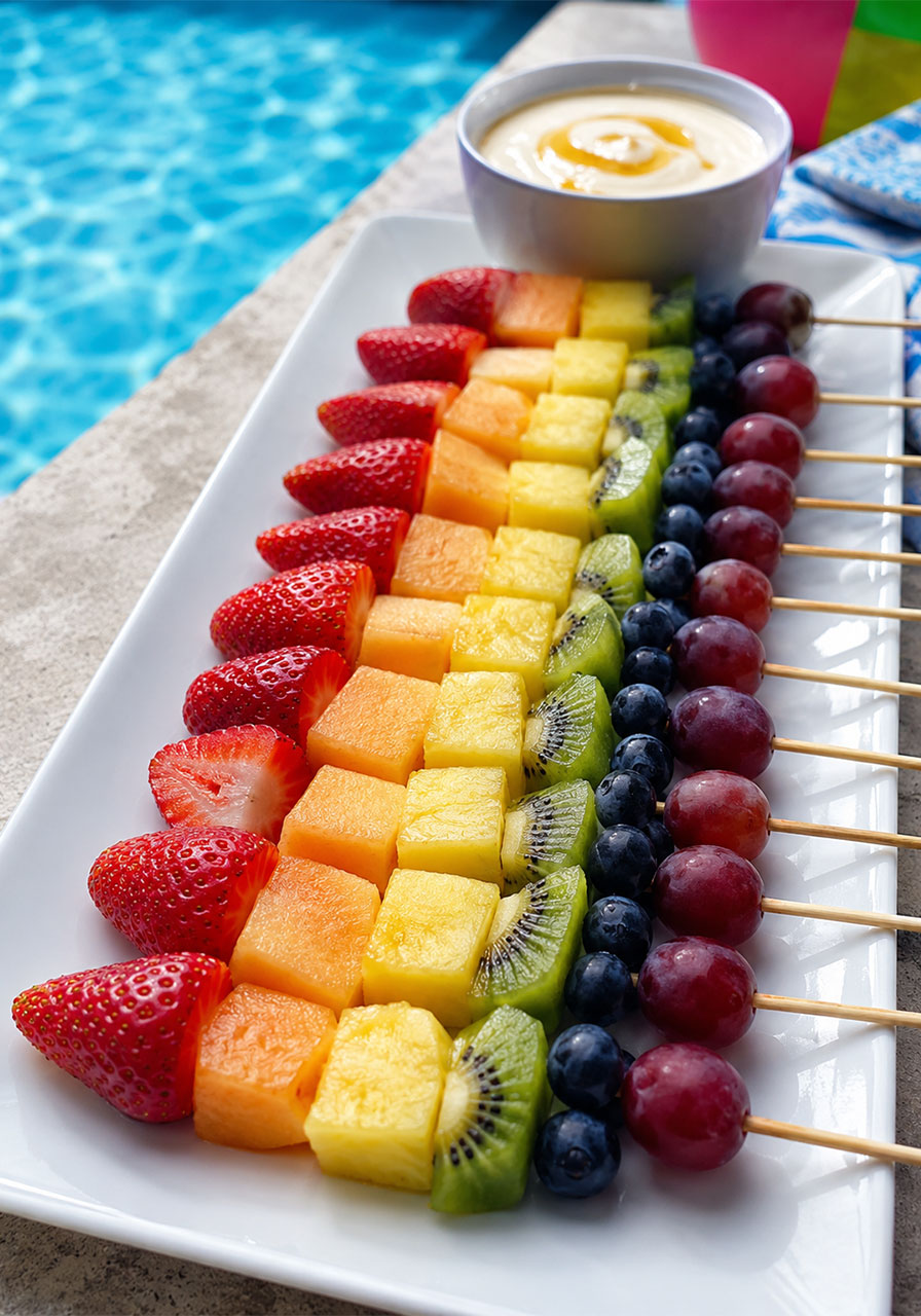 Rainbow fruit skewers with strawberries, pineapple, kiwi and grapes