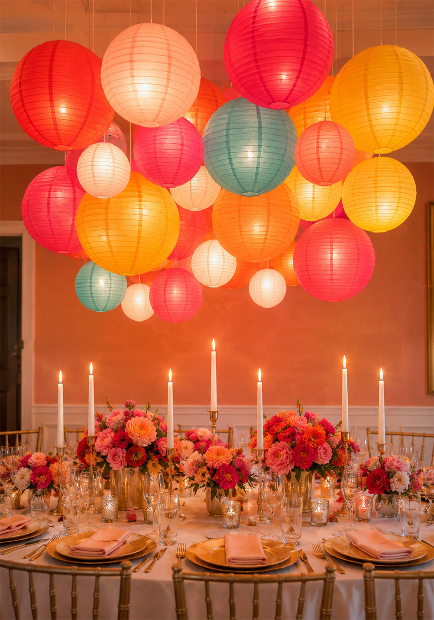 Colorful rainbow paper lantern cluster hanging at varied heights above a party dining table for a vibrant 10th birthday celebration
