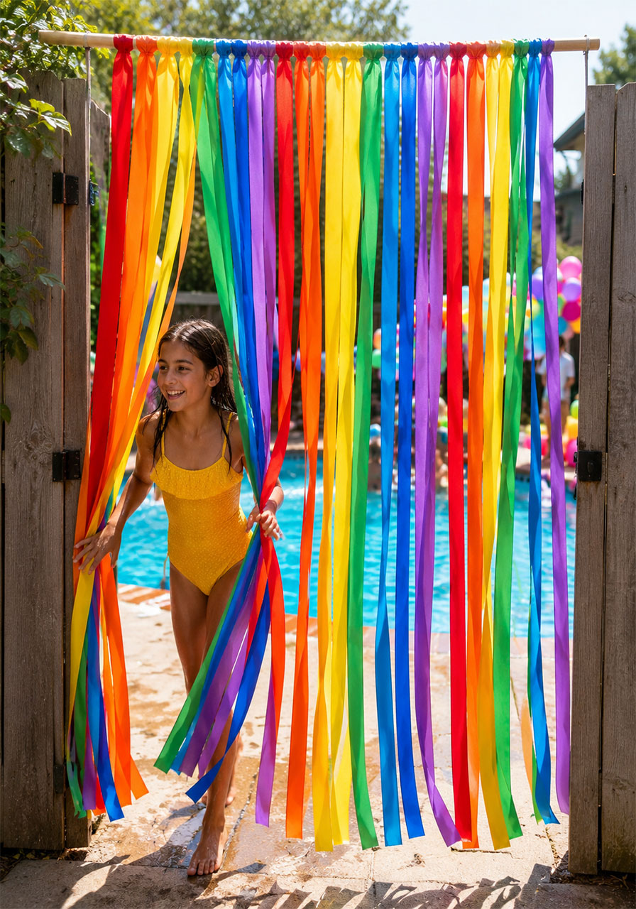 Colorful rainbow ribbon curtain decorating the entrance to a backyard summer pool party