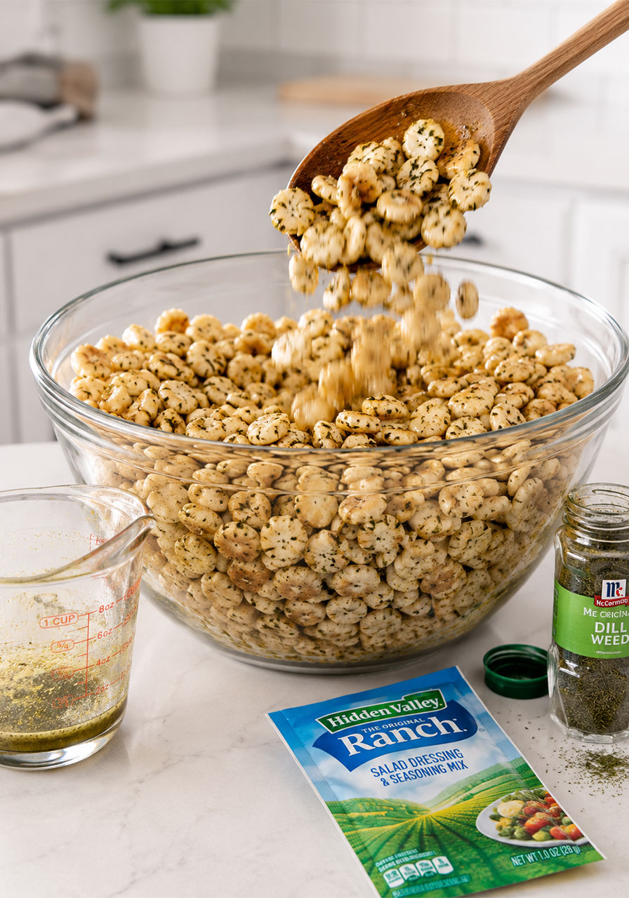 Large bowl of ranch and dill seasoned oyster crackers being tossed with wooden spoon for easy camping party mix