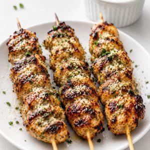 Recipe card image of grilled ranch garlic parmesan chicken skewers