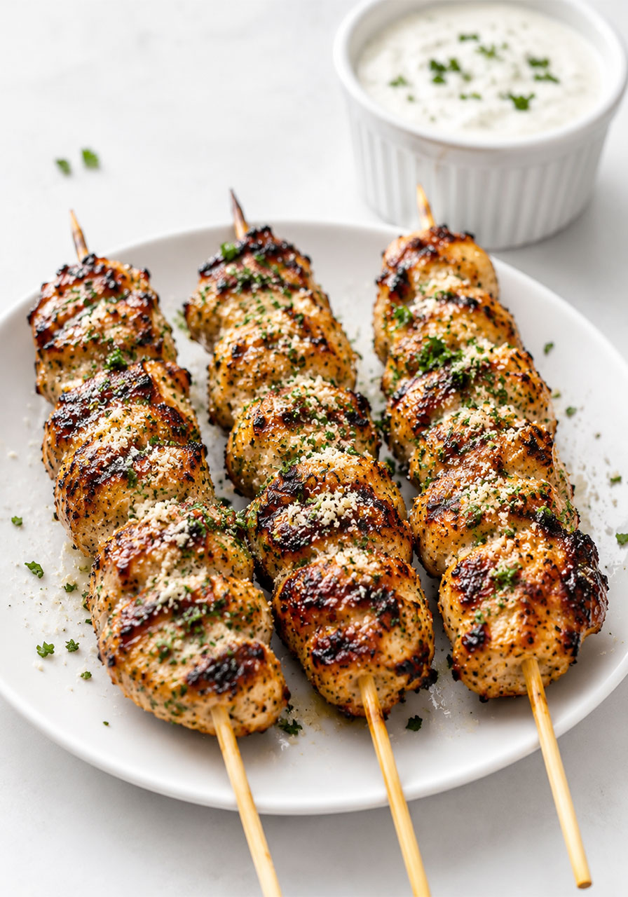 Recipe card image of grilled ranch garlic parmesan chicken skewers