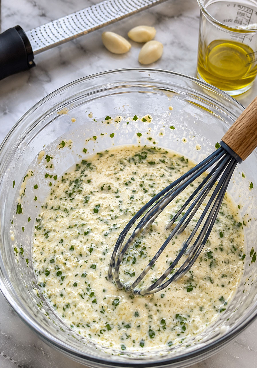 Creamy ranch garlic parmesan marinade mixed in a glass bowl for chicken skewers