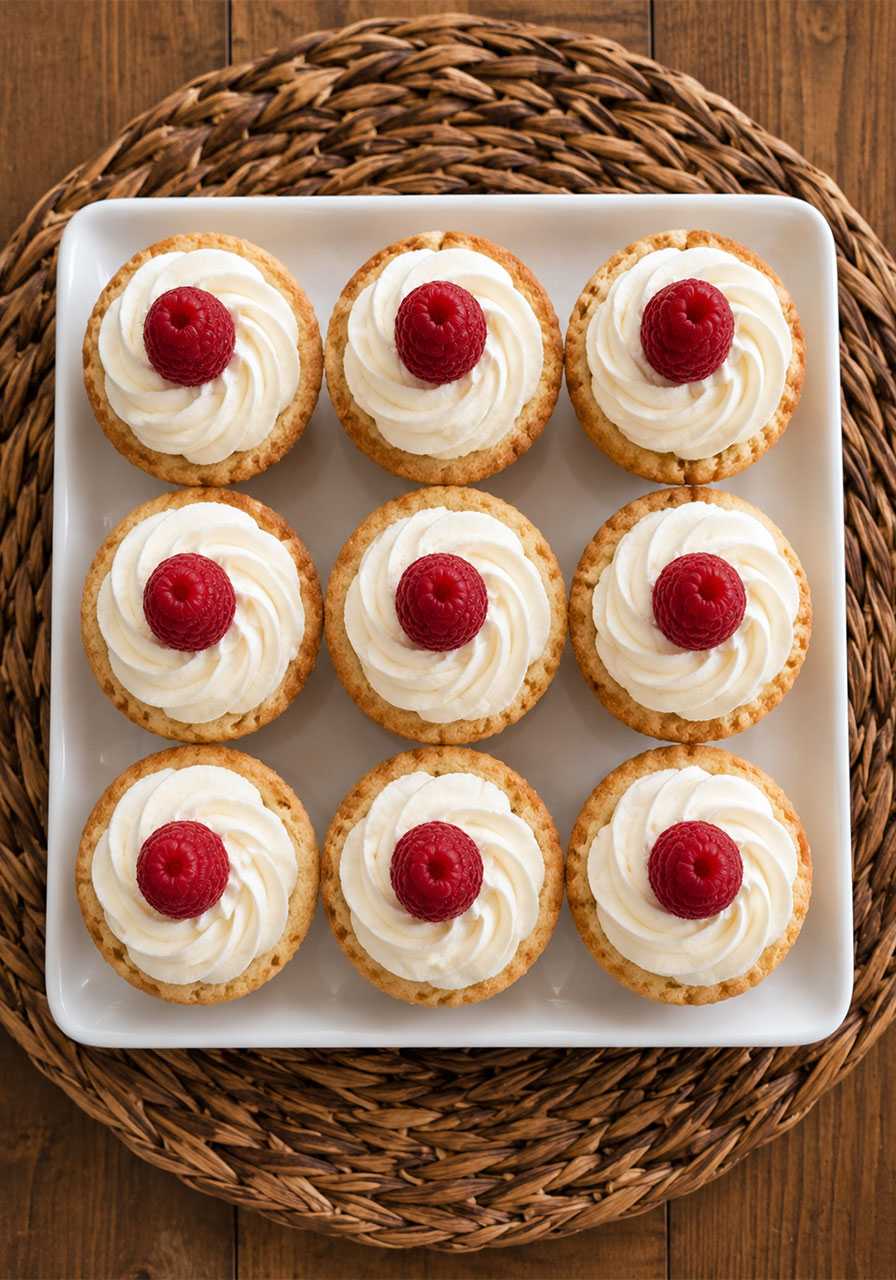 Raspberry cream sugar cookie cups on white platter – easy elegant bridal shower dessert idea