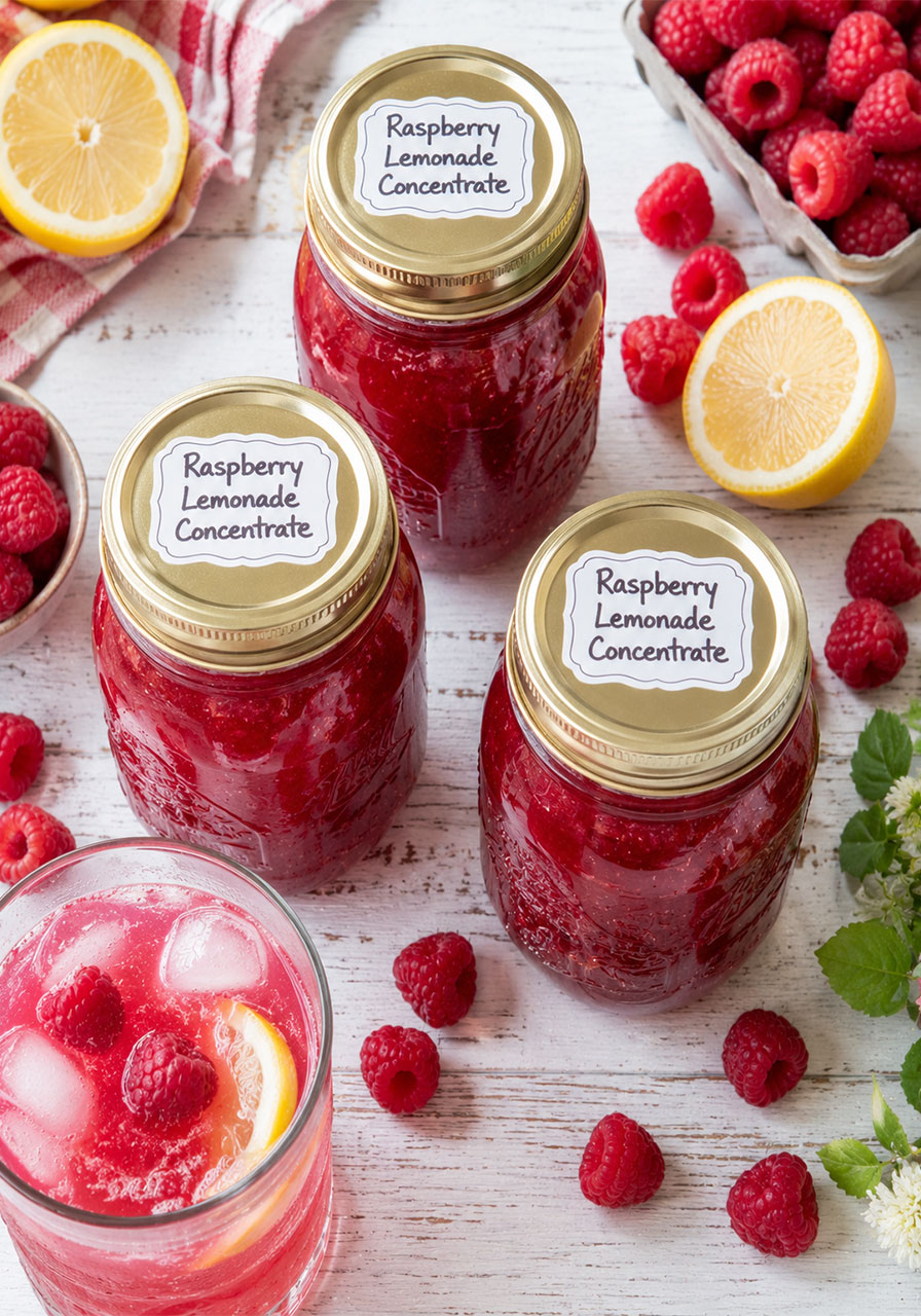 Homemade raspberry lemonade concentrate in mason jars with fresh raspberries – make-ahead summer party drink