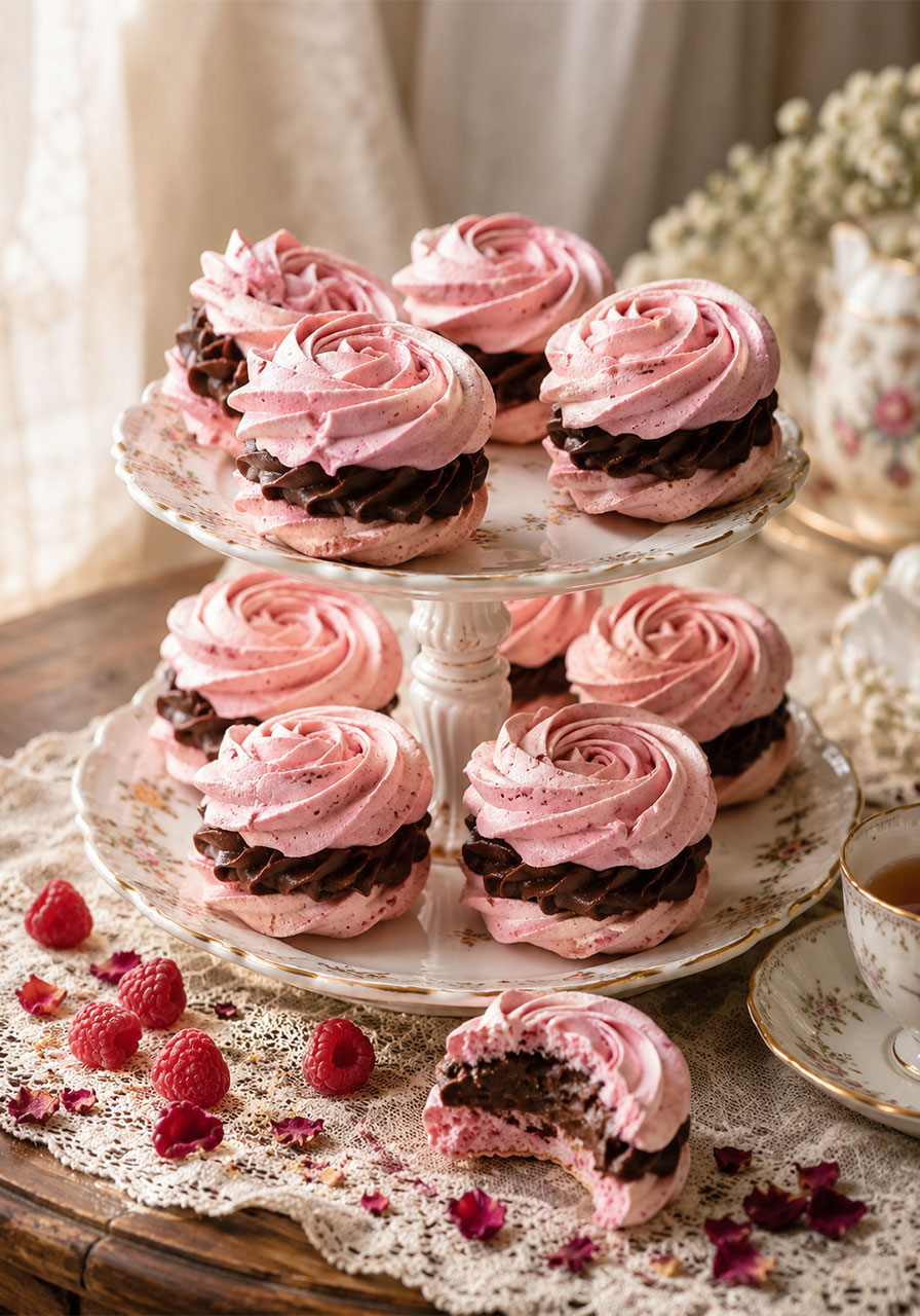 Raspberry meringue dark chocolate sandwich cookies on a vintage tiered stand for a tea party