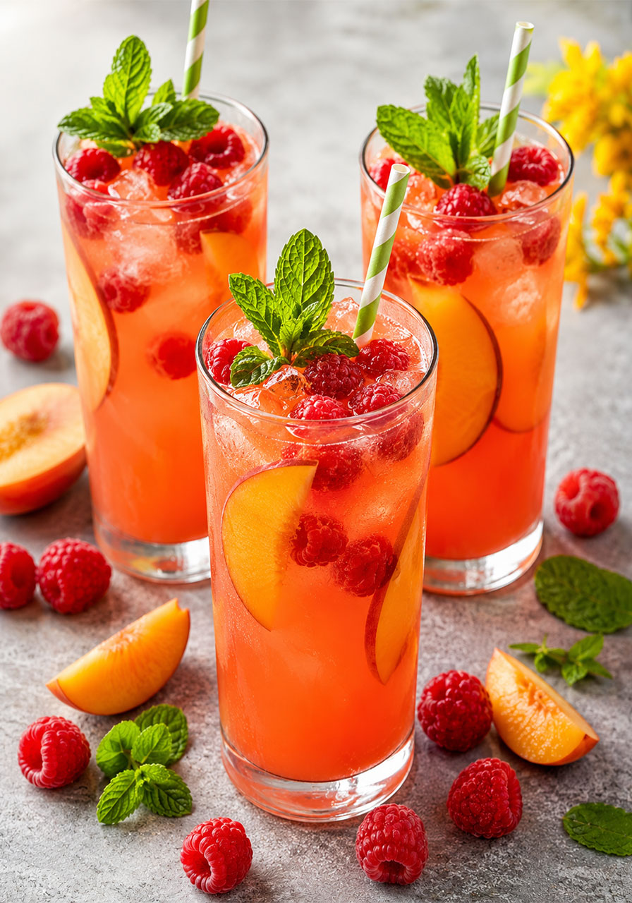 Three glasses of vibrant raspberry peach lemonade mocktail with mint and fresh fruit garnish for a bridal shower