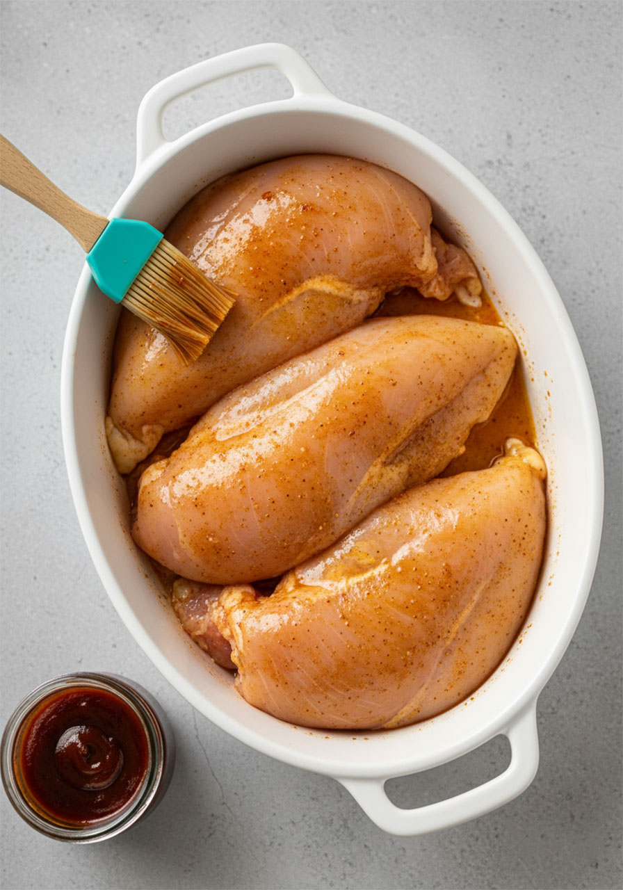 Four raw seasoned chicken breasts in a white casserole dish before BBQ sauce is brushed on, ready to bake