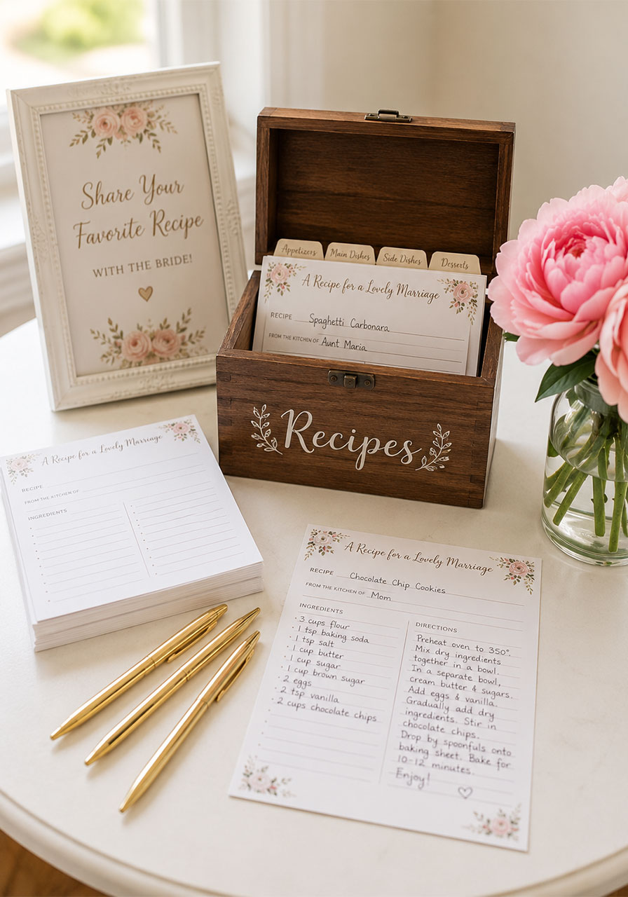 Recipe card station with wooden recipe box and handwritten cards at bridal shower
