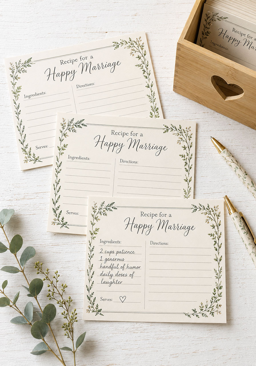 Recipe for a happy marriage bridal shower activity cards with botanical border in wooden recipe box – creative shower keepsake idea