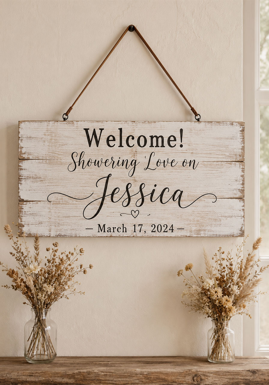 Whitewashed reclaimed wood bridal shower sign with black lettering hung with leather straps on cream wall