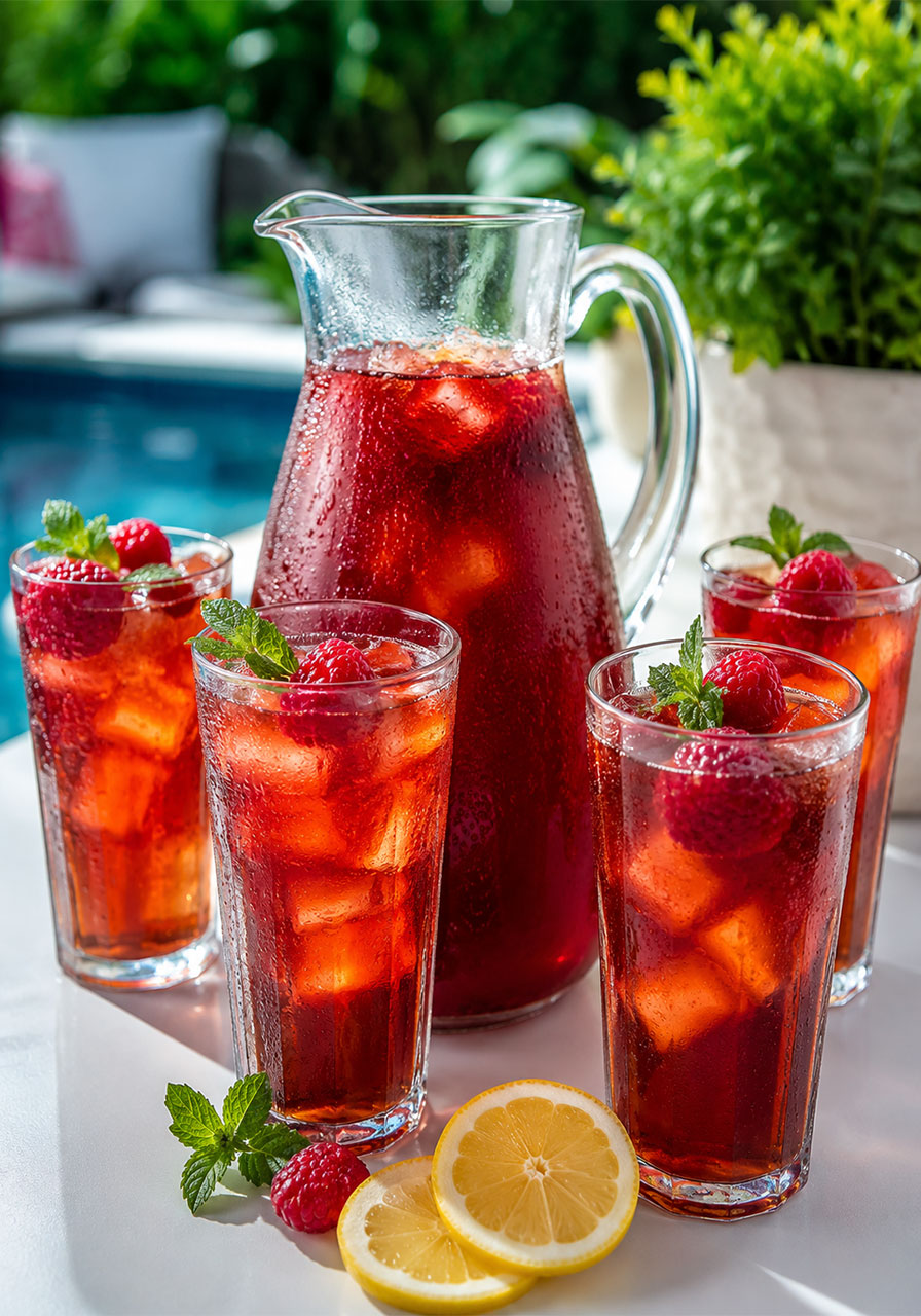 Homemade raspberry iced tea in glasses with fresh raspberries and ice – easy make-ahead summer party drink