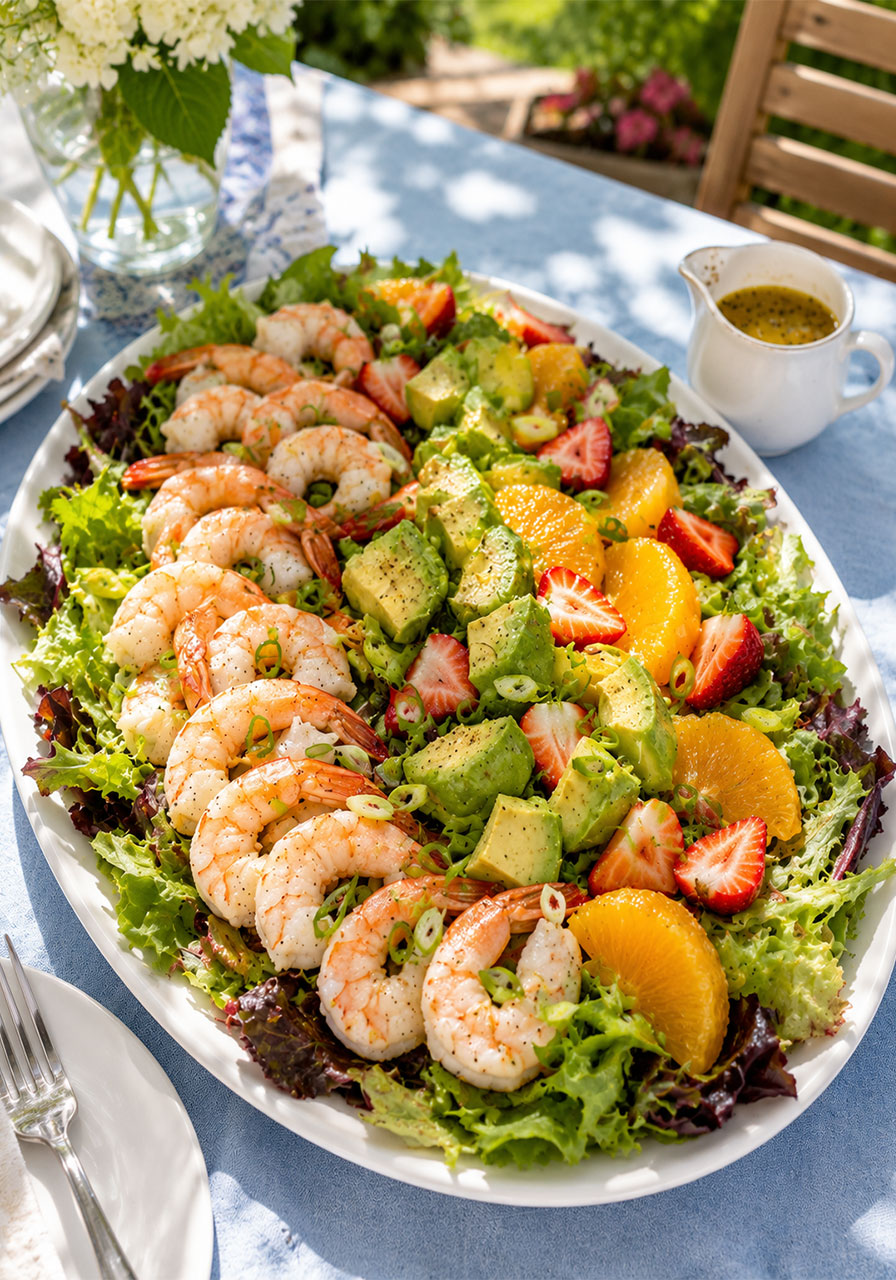 Refreshing shrimp salad with avocado orange and strawberry on spring greens, a no-cook summer dinner idea