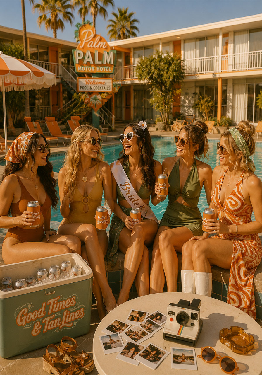 Retro 1970s bachelorette party decorations at a vintage motel pool with burnt orange outfits and Polaroid camera