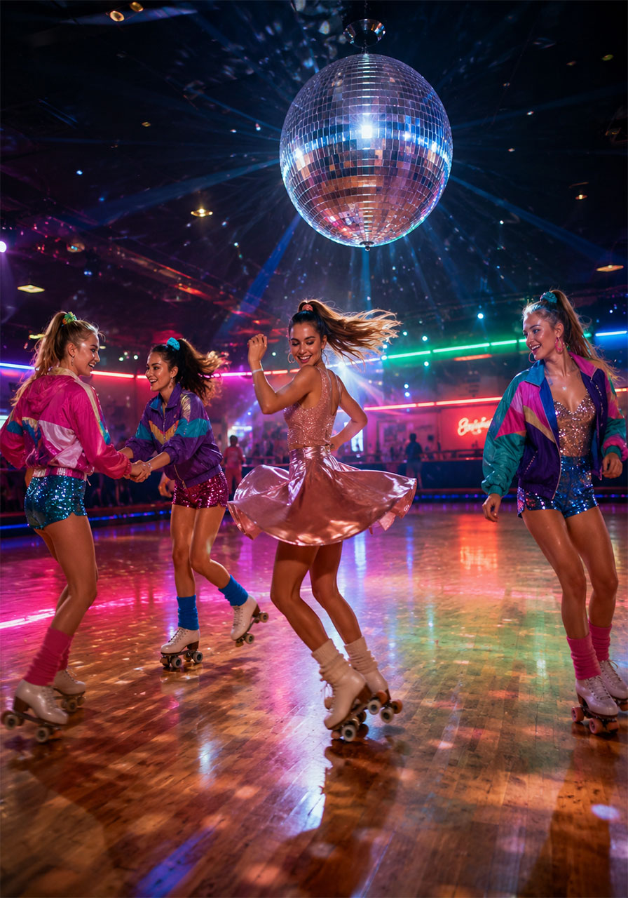 Teen girls in retro outfits roller skating at disco birthday party with neon lights and disco ball