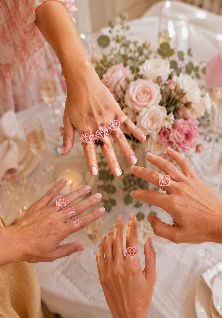 Bridal shower guests wearing multiple plastic diamond rings on their fingers during the bridal shower ring game